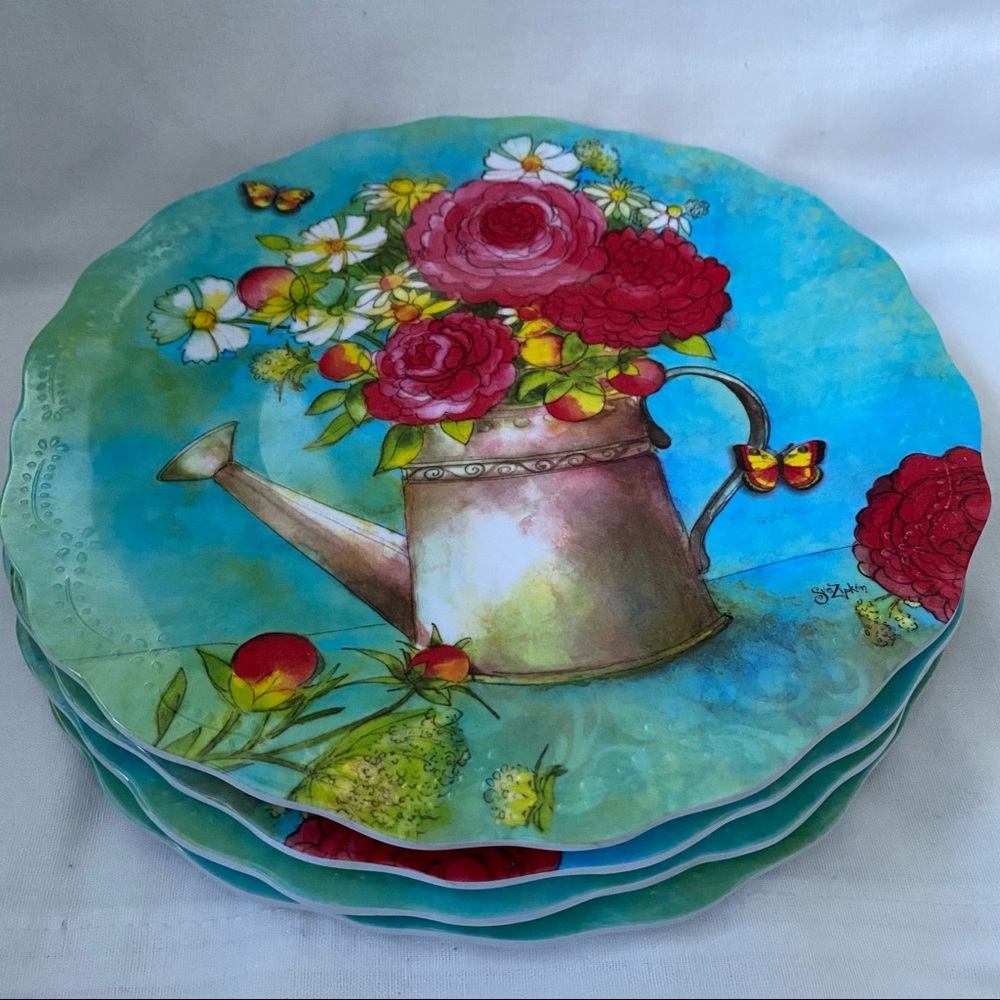 Set Of 4 Merritt Melamine Plates 8.5 Inches Watering Can Flower Bouquet